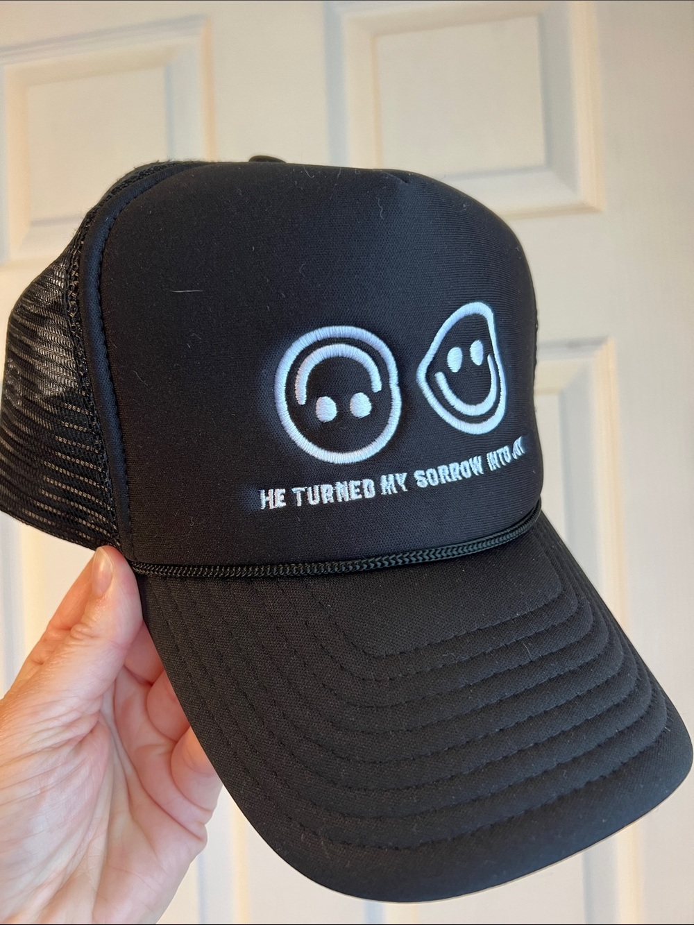 Black Embroidered Trucker Cap "He Turned My Sorrow Into Joy"